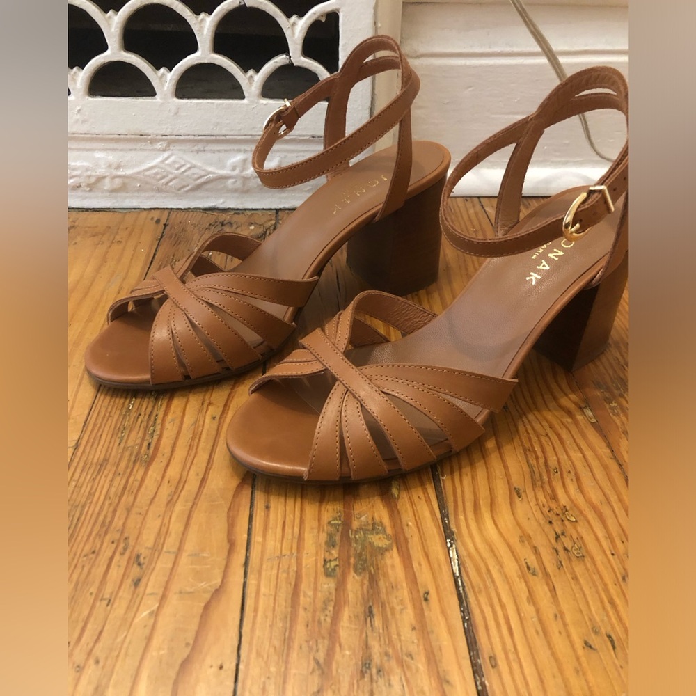 Jonak Paris Open Toe Pumps with Strap in Camel Leather